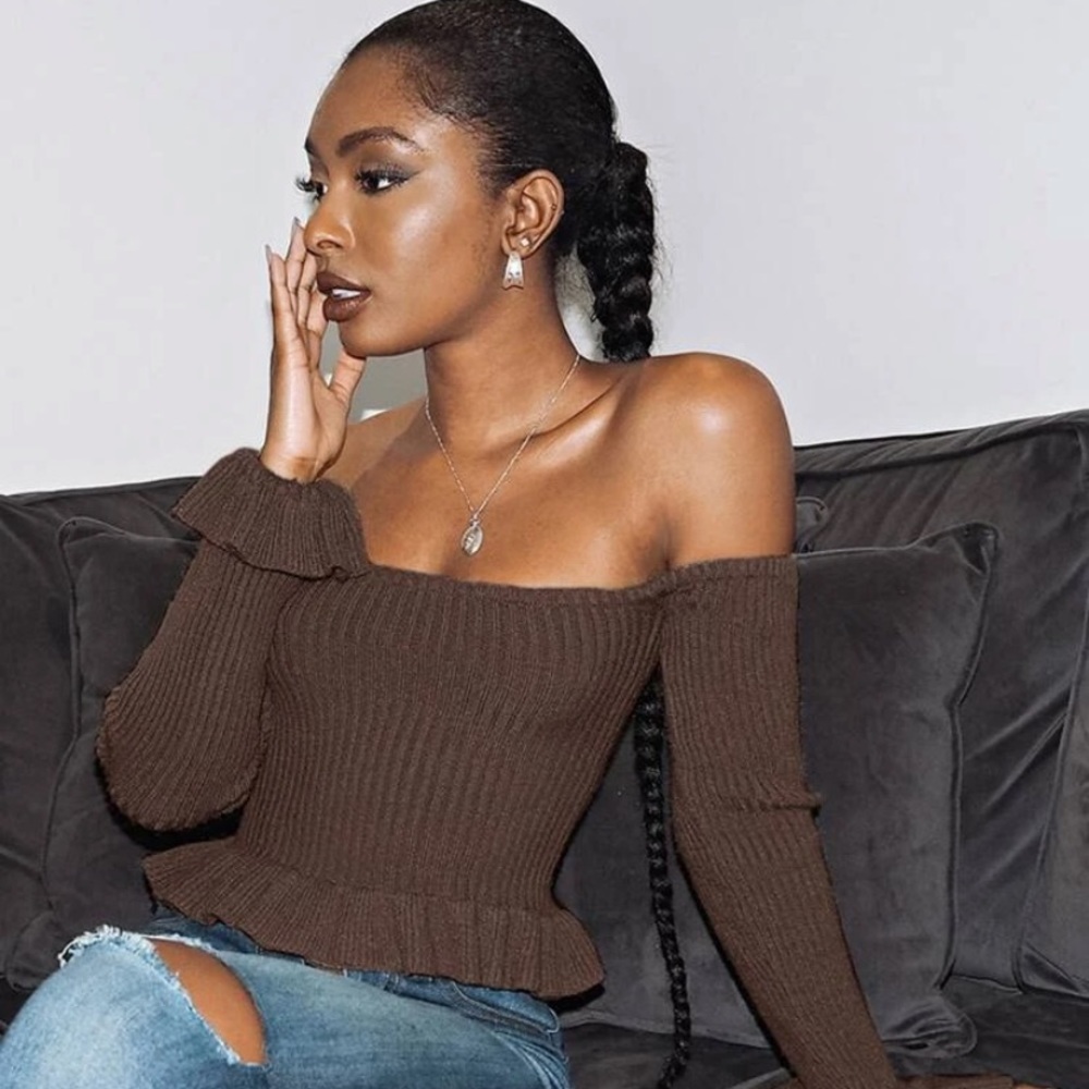 SHEIN Off Shoulder Ruffle Hem Sweater